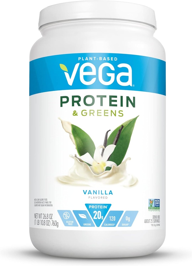 Vega Protein and Greens Vanilla (25 Servings, 26.8 Ounce) - Vegan Plant Based Protein Powder Shake, Gluten Free, Non Dairy, Non Soy, Non GMO