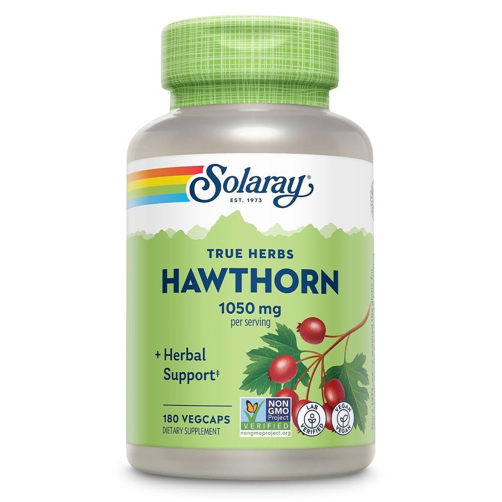 SOLARAY Hawthorn κάψουλες καρπού 1050 mg - Καταπραϋντική βοτανική υποστήριξη - συμπλήρωμα καρπού Hawthorne για τη συνολική υποστήριξη ευεξίας - ολόκληρο μούρο, Vegan, μη GMO, 60 ημέρες εγγύηση, 90 υπηρεσίες, 180 VegCaps