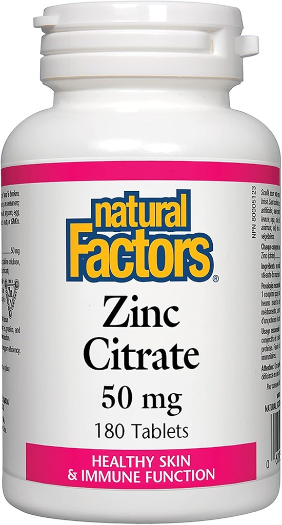 Natural Factors - Zinc Citrate 50mg, Support for Healthy Skin & Immune Function, 180 Tablets