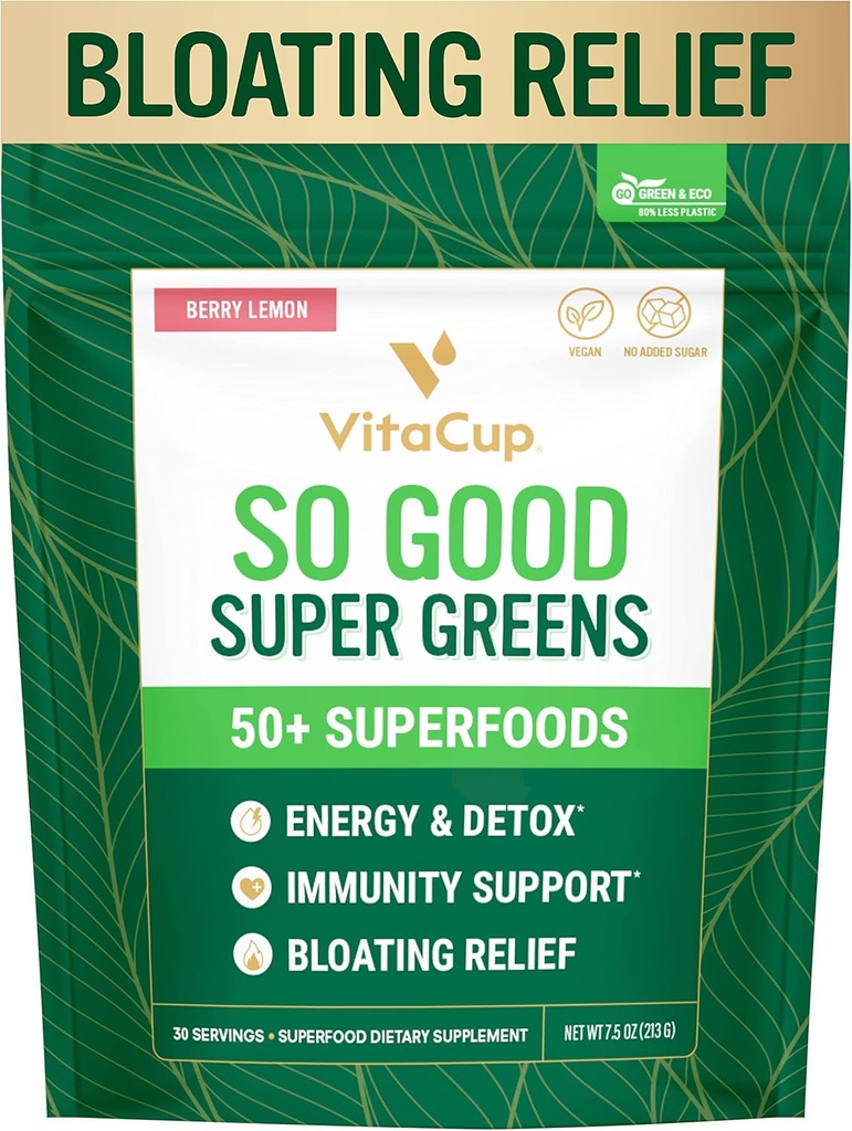 VitaCup So Good Super Greens Powder w/ 50+ Premium Superfoods, Boost Energy, Detox, Ανοσία w/Probiotics, Πρεβιοτικά, Ίνες, Αντιοξειδωτικά, Adaptogens, Spirulina, Berry Lemon,30 Σερβιρίσματα