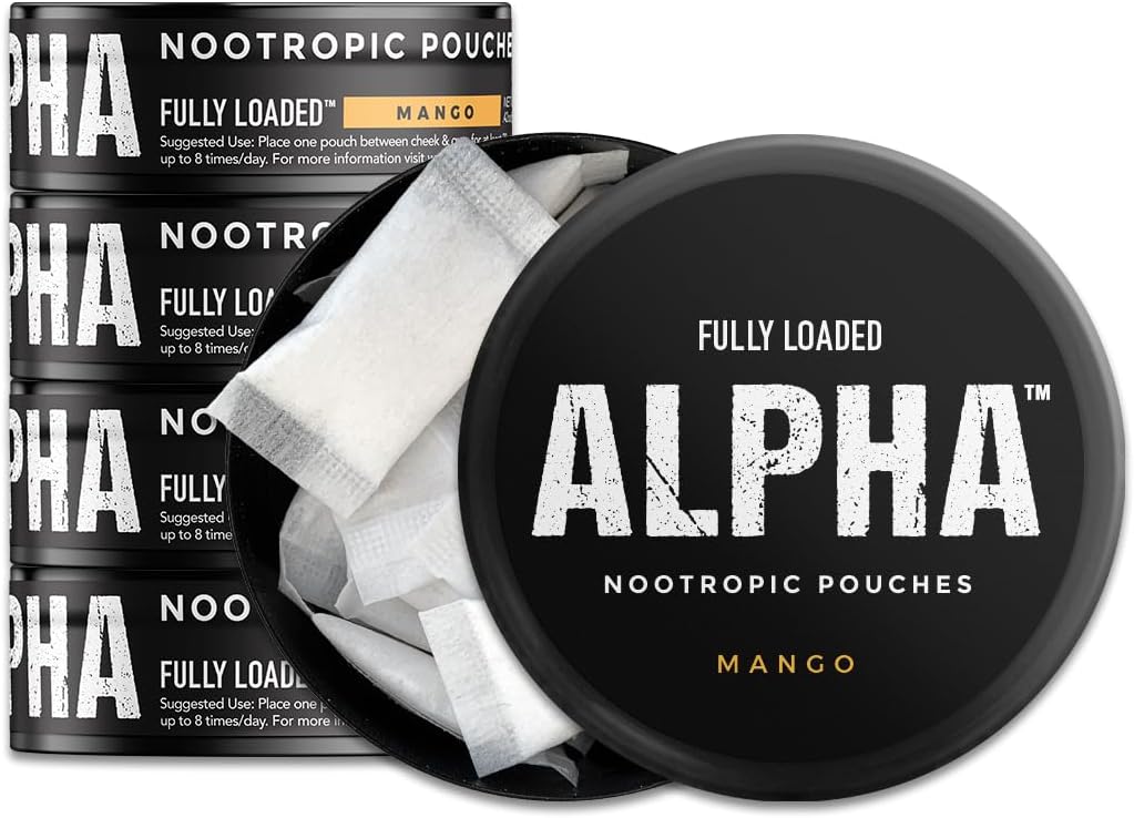 Πλήρως φορτωμένο Alpha Nootropic Pouches (Mango) - 5 κονσέρβα - 15 Pouchs ανά κονσέρβα -Αποτελεσματική Νοοτροπική Παράδοση, Nic Pouch Αντικατάσταση - Ταχύτερη Απορρόφηση, Alpha GPC, L-Τυροσίνη, GABA