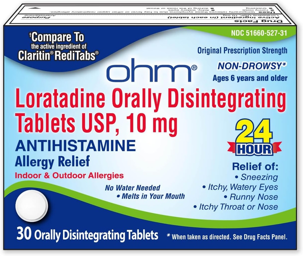 Ohm Loratadine 10 mg Allergy Medicine - Non Drowsy All Day Allergy Relief, 24 Hour Antihistamine, Orally Disintegrating Tablets, Effective Relief, for Ages 6 and up - 30 Count