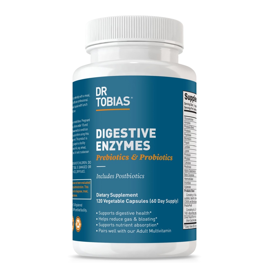 Dr. Tobias Digestive Ένζυμα με Προβιοτικά, Πρεβιοτικά και Μεταβιοτικά Bromelain, Amylase, Lipase, για Καλύτερη Διέγερση & Ανοσολογική Λειτουργία, 120 Κάψουλες 60 Υπηρεσίες (2 Καθημερινή)