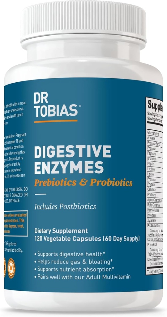 Dr. Tobias Digestive Enzymes with Probiotics, Prebiotics and Postbiotics Bromelain, Amylase, Lipase, for Better Digestion & Immune Function, 120 Capsules 60 Servings (2 Daily)