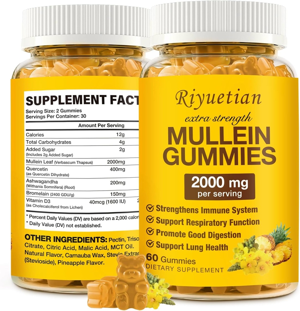 Mullein Gummies, 2000mg Βιολογικό εκχύλισμα φύλλων Mullein για τον καθαρό πνεύμονα, την ενίσχυση του αναπνευστικού συστήματος & του πνεύμονα, ανοσοενισχυτής για ενήλικες & παιδιά, Αλλεργία φιλικό, μη-GMO, 60 Gummies