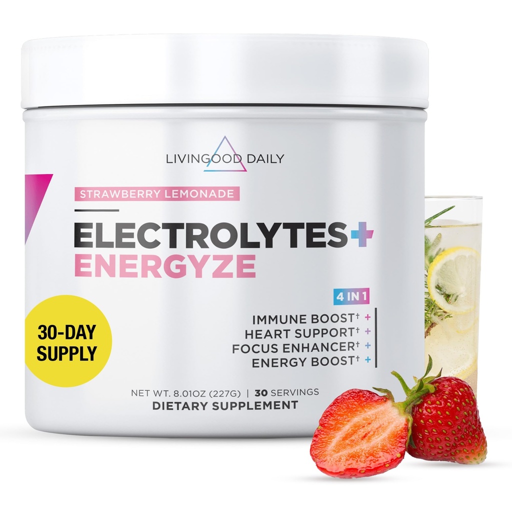 Livingood Daily Electrolytes Powder, Ηλεκτρολυτές Ενυδατική σκόνη με Βιταμίνη C, Ταυρίνη, D Ribose & FOS, Χωρίς ζάχαρη Ηλεκτρολυτικό Μείγμα Ποτού, Κέτο, Χωρίς Γλουτένη, Λεμονάδα Φράουλα, 30 Μερίδες