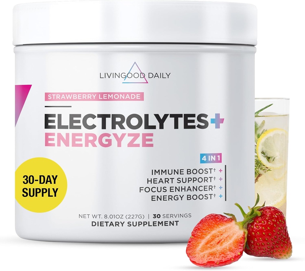 Livingood Daily Electrolytes Powder, Ηλεκτρολυτές Ενυδατική σκόνη με Βιταμίνη C, Ταυρίνη, D Ribose & FOS, Χωρίς ζάχαρη Ηλεκτρολυτικό Μείγμα Ποτού, Κέτο, Χωρίς Γλουτένη, Λεμονάδα Φράουλα, 30 Μερίδες