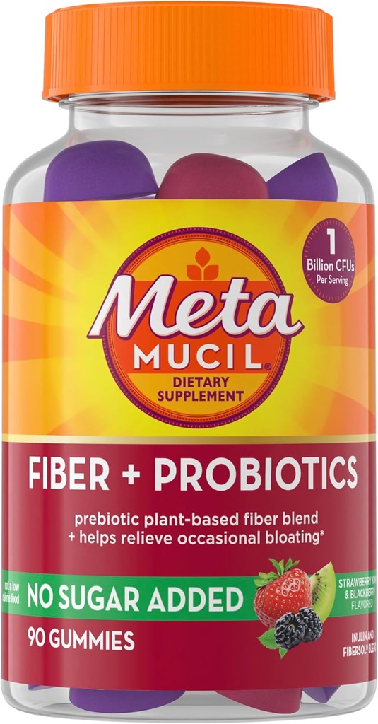 Metamucil Fiber Gummies για ενήλικες με προβιοτικά για την ανακούφιση από την αιμορραγία, χωρίς ζάχαρη προστίθενται Φράουλα Kiwi BlackBerry Flavors, 5g Prebiotic Plant Based Fiber Supplement Blend, 90 Count