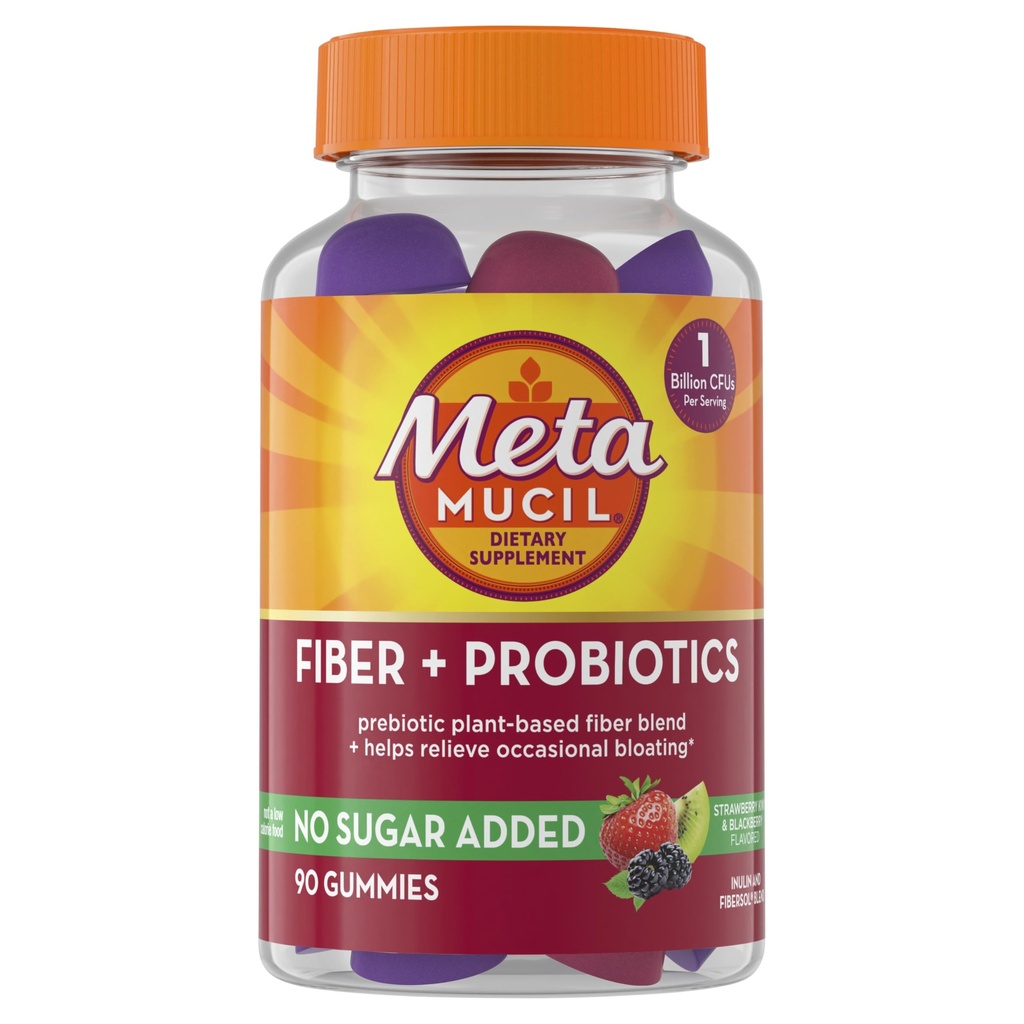 Metamucil Fiber Gummies για ενήλικες με προβιοτικά για την ανακούφιση από την αιμορραγία, χωρίς ζάχαρη προστίθενται Φράουλα Kiwi BlackBerry Flavors, 5g Prebiotic Plant Based Fiber Supplement Blend, 90 Count