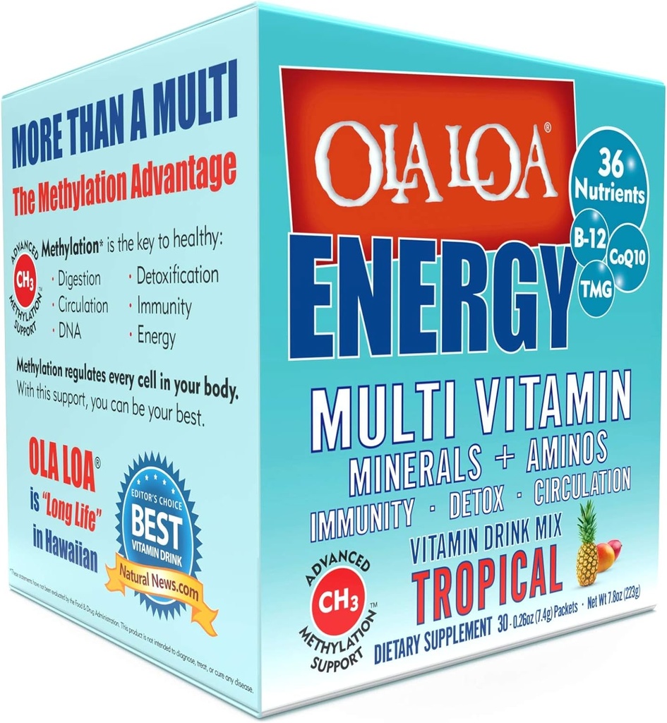 Ola Loa Energy Tropical Multi Vitamin Drink Mix - Amino Energy Powder, Gluten Free, Detox, Dairy Free, Caffeine Free - Drink Your Vitamins for The Ribors of Daily Life - 30 Packets (8.25oz)