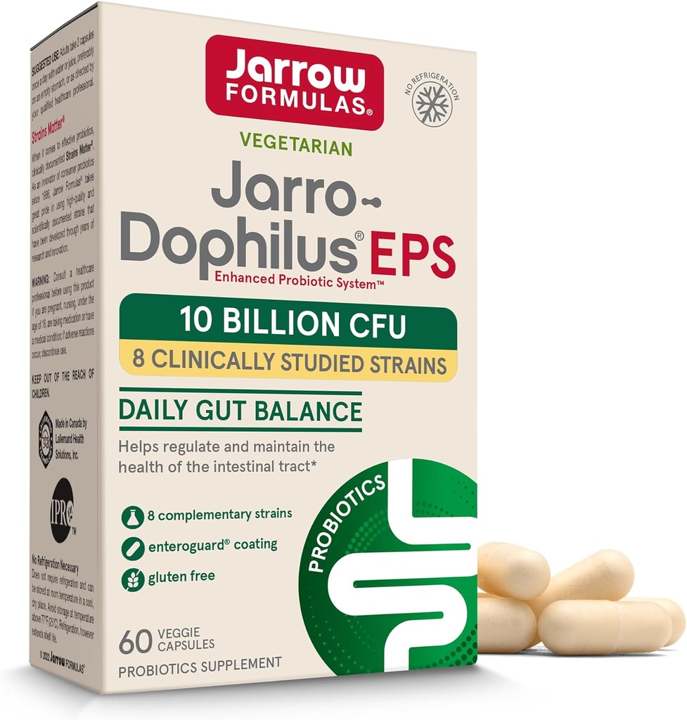Jarrow Formulas Jarro-Dophilus EPS Probiotics 10 Δισεκατομμύρια CFU, Συμπλήρωμα διατροφής για την ενδοεντερική Φυλλαδική Υποστήριξη, Συμπληρώματα Υγείας για γυναίκες και άνδρες, 60 κάψουλες λαχανικών, 30 ημέρες προσφοράς