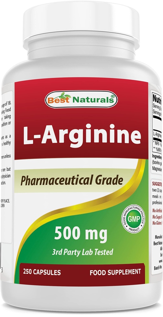 Best Naturals L-αργινίνη 500mg 250 κάψουλες - Φαρμακευτική L Arginine συμπλήρωμα προωθεί τη σύνθεση μονοξειδίου του αζώτου