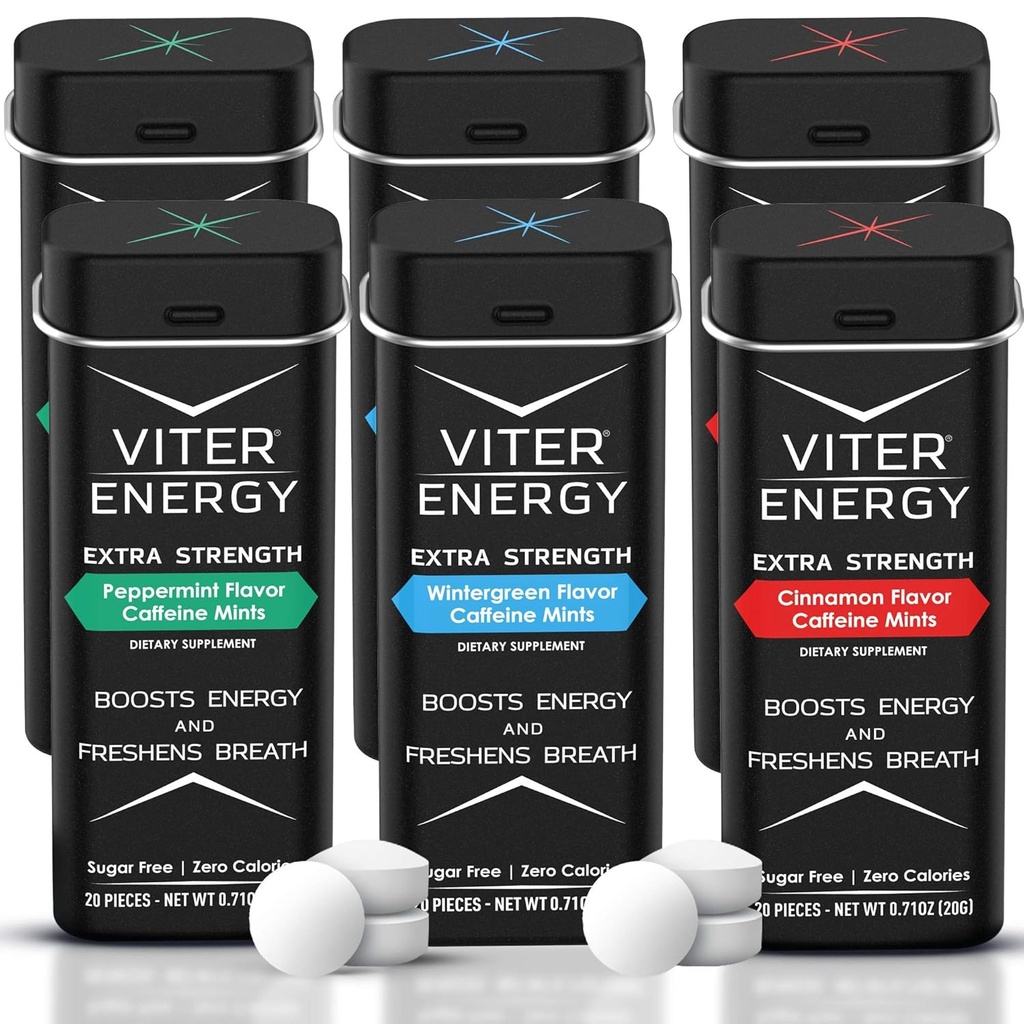 Viter Energy Extra Strength Caffeinated Mints 80mg Caffeine, B Vitamins, Sugar Free. (Variety, 20pcs, 6 Pack)