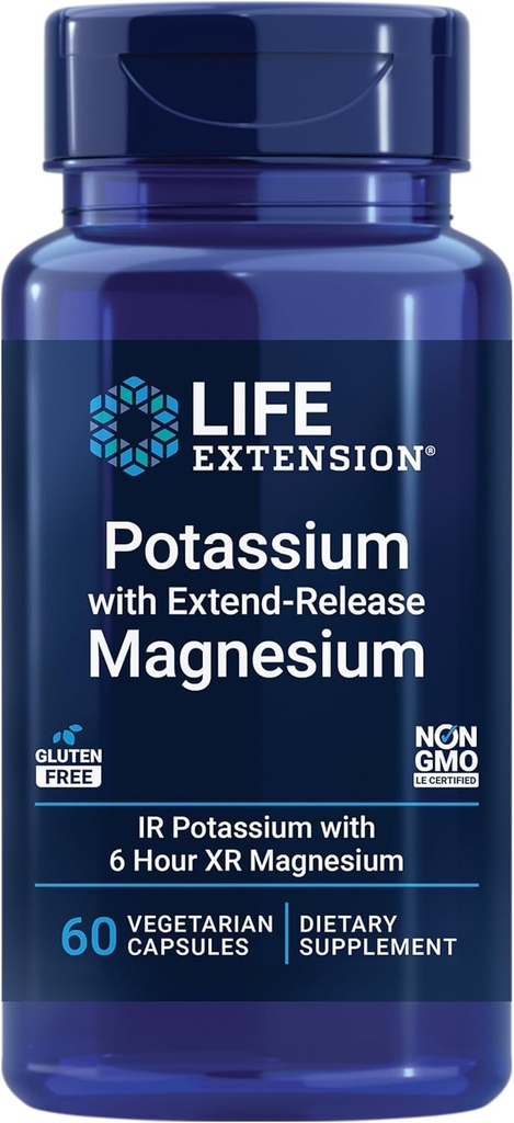 Life Extension Potassium with Extend-Release Magnesium – Heart health supplement for blood pressure support with two essential minerals – Non-GMO, vegetarian, gluten-free – 60 capsules