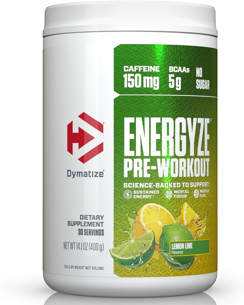 Dymatize Energyze Pre Workout Powder for Men and Women, Lemon Lime Flavor, 150mg καφεΐνη, 5g BCAAs, Μείγμα απόδοσης L-Θεανίνη, L-Τυροσίνη, L-Citrulline, Χωρίς Ζάχαρη, 30 Μερίδες