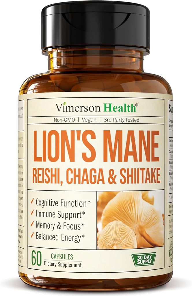 Lions Mane Συμπληρώματα κάψουλες - Mushroom Powder Blend με Lions Mane Powder, Turkey Tail, Shiitake Μανιτάρια & Περισσότερα. 60 Κάψουλες Vegan