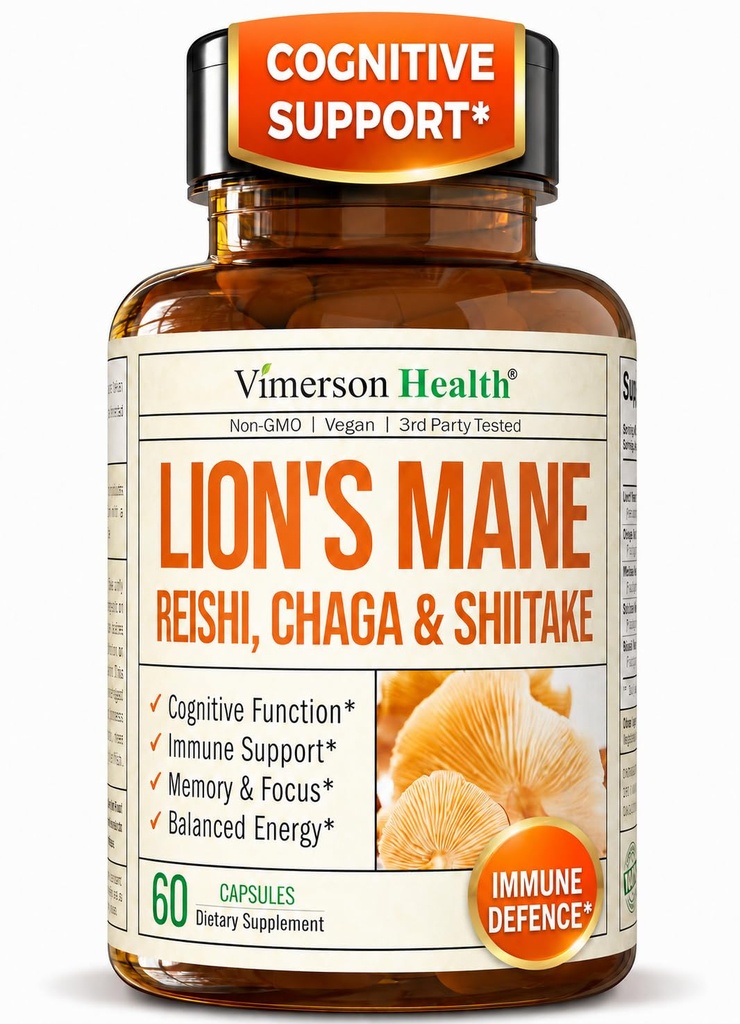 Lions Mane Συμπληρώματα κάψουλες - Mushroom Powder Blend με Lions Mane Powder, Turkey Tail, Shiitake Μανιτάρια & Περισσότερα. 60 Κάψουλες Vegan