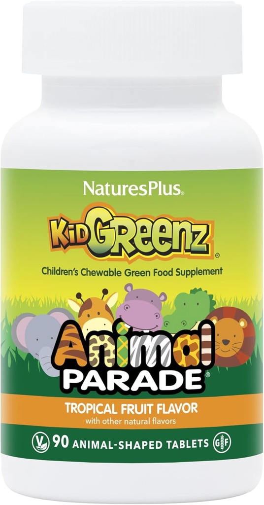 NaturesPlus Animal Parade KidGreenz, Tropical Fruit Flavor - 90 Animal-Shaped, Chewable Tablets - Συσκευασία των 2 - με Μπρόκολο & Σπανάκι - Χορτοφαγικά, Χωρίς Γλουτένη - 180 Σύνολο Σερβιέτες