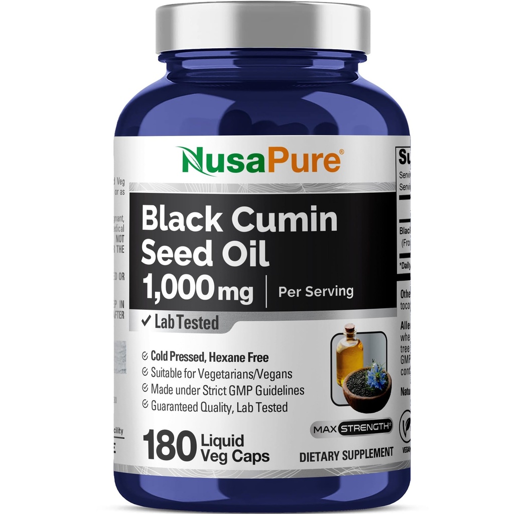 NusaPure Black Seed Oil 1.000 mg ανά Σερβίροντας 180 κάψουλες Softgel (Non-GMO, χορτοφαγικά) Ψυχρή Παρθένος Nigella Sativa. Ελεύθερο εξάνιο