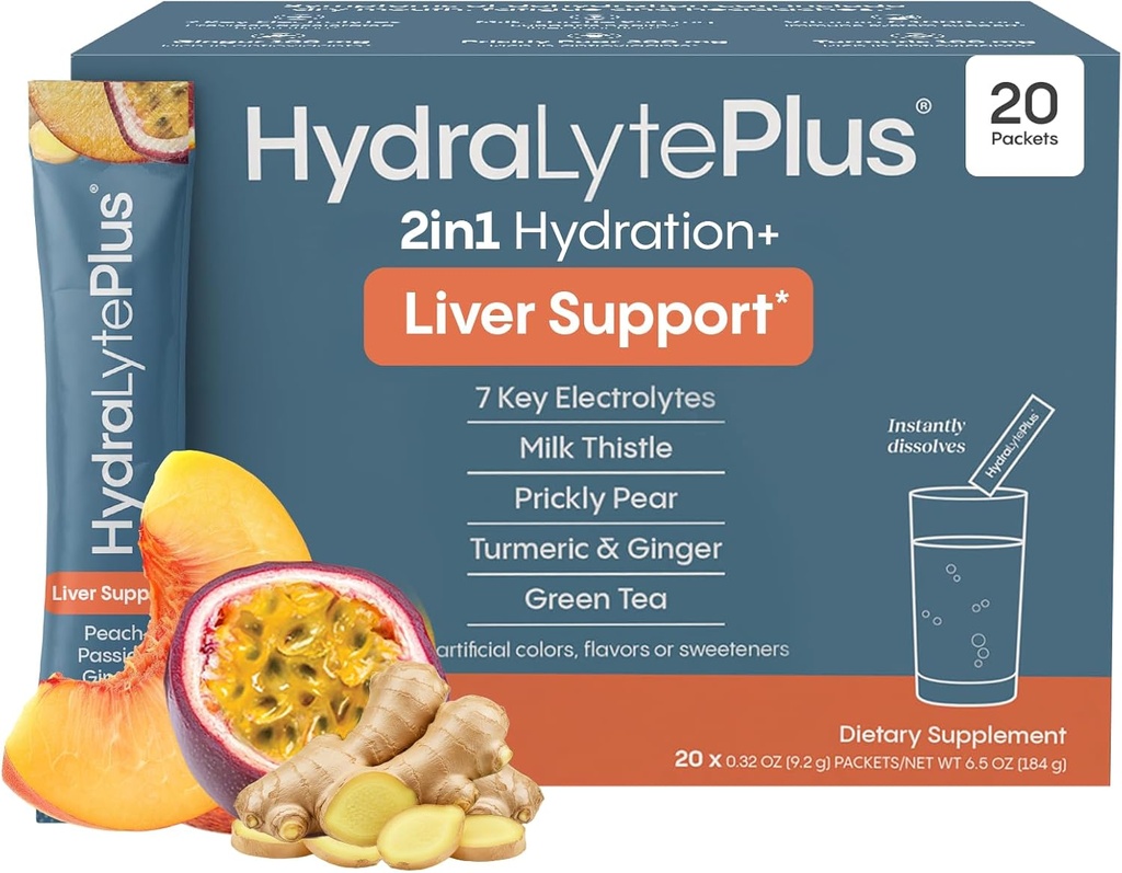 Hydralyte Liver Support + Electrolyte Mix with Milk Thittle, Turmeric, Ginger, Prickly Pear, Green Tea Extract Formed for Rapid Rehydration (Peach Passion Ginger, 20 πακέτα)