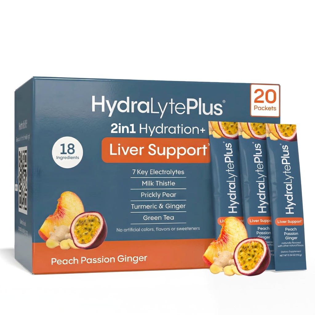 Hydralyte Liver Support + Electrolyte Mix with Milk Thittle, Turmeric, Ginger, Prickly Pear, Green Tea Extract Formed for Rapid Rehydration (Peach Passion Ginger, 20 πακέτα)
