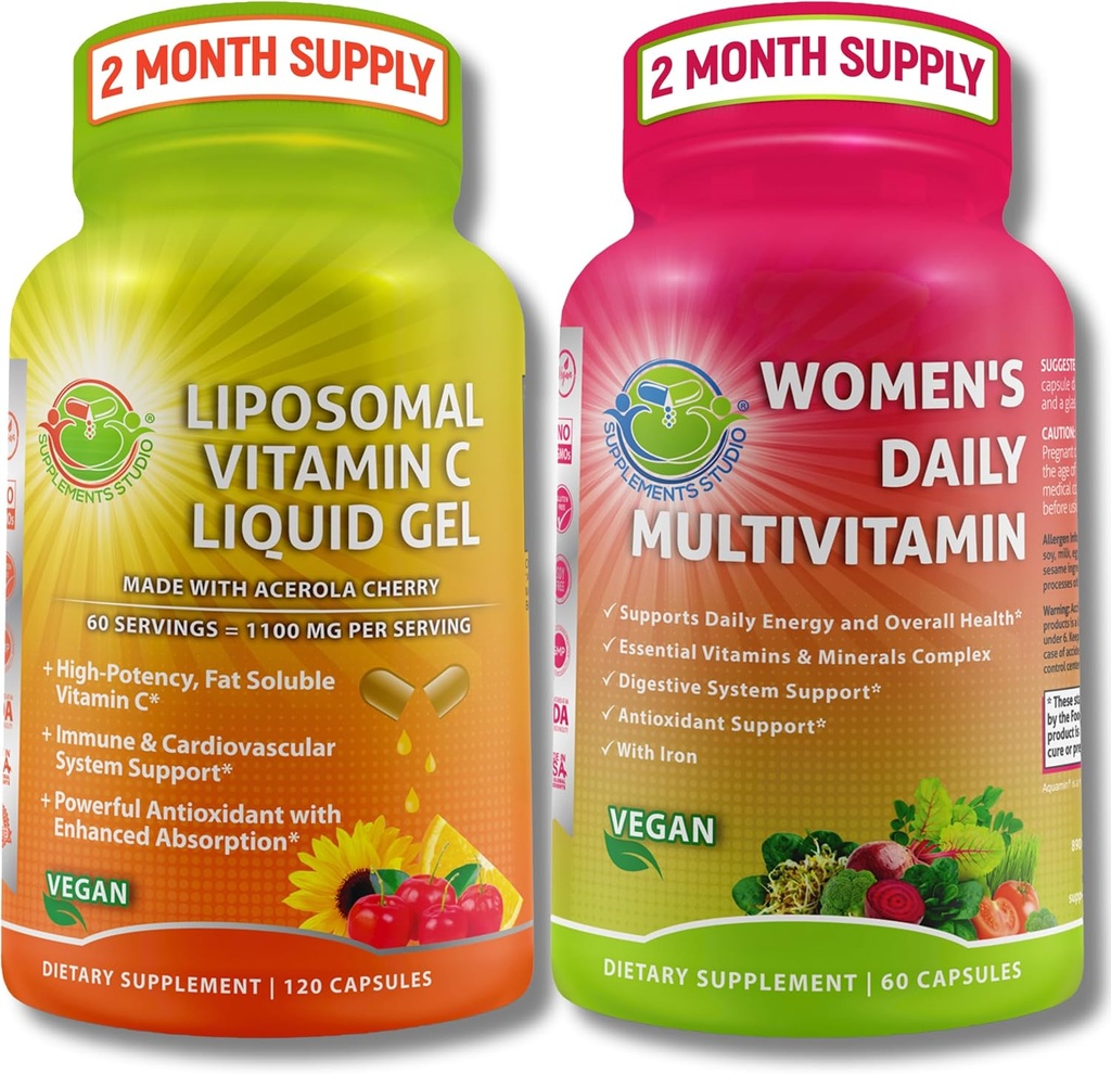 Immune Support Bundle – Liposomal Vitamin C 1100mg Liquid Gel Κάψουλες με οργανική Acerola Cherry & Vegan Women’s Daily Multivitamin with Iron – Non-GMO, Καθαρή Καθημερινή Wellness Υποστήριξη