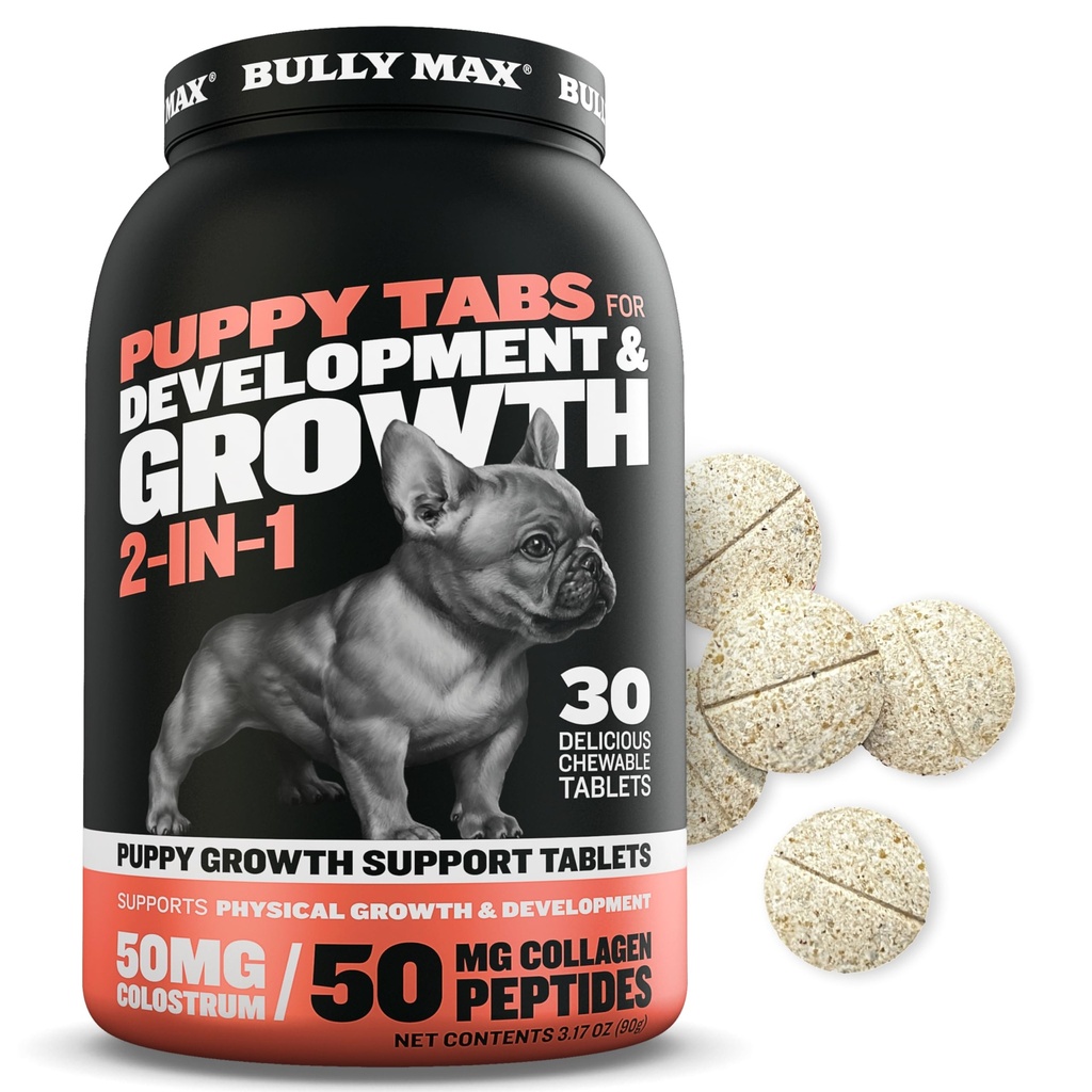 Bully Max 2-in-1 Puppy Vitamins - 30 Μασώμενα δισκία για την ανάπτυξη και την ανάπτυξη των κουταβιών - Dog Treats, Βιταμίνη & Συμπληρώματα για Μικρά Σκυλιά & Μεγάλη Φυλή Μεγαλώνοντας κουτάβια - Μπορεί να χρησιμοποιηθεί ως τρόφιμα