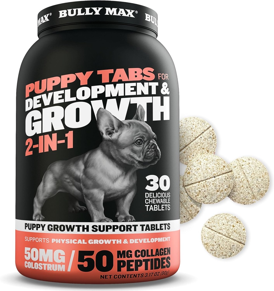 Bully Max 2-in-1 Puppy Vitamins - 30 Μασώμενα δισκία για την ανάπτυξη και την ανάπτυξη των κουταβιών - Dog Treats, Βιταμίνη & Συμπληρώματα για Μικρά Σκυλιά & Μεγάλη Φυλή Μεγαλώνοντας κουτάβια - Μπορεί να χρησιμοποιηθεί ως τρόφιμα