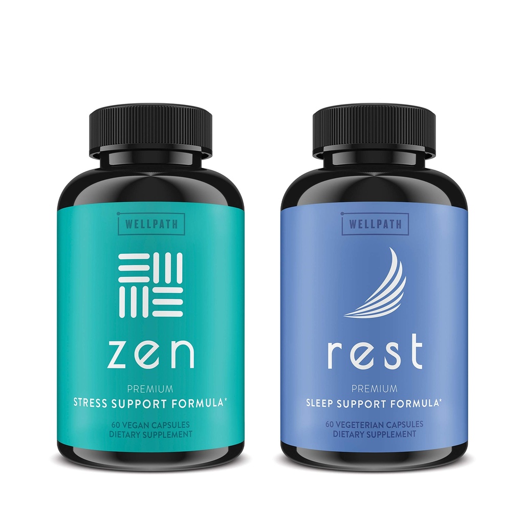 WellPath Zen Mood Υποστήριξη + Rest Valerian Root Sleep Aid Συμπληρώματα 2 Pack - Ultimate Συνδυασμός για την ήρεμη διάθεση, την ενέργεια και τη φυσική υποστήριξη ύπνου - L-Θεανίνη & άλλα φυσικά συστατικά - 60 Cts κάθε μία