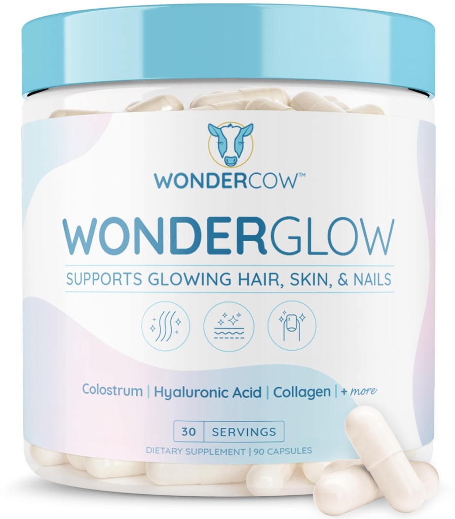 WONDERCOW δέρμα μαλλιών και νυχιών Βιταμίνες w/Bovine Colostrum, Collagen, Hyaluronic Acid, Biotin, Zinc, & Lactoferrin┃Supports Γρηγορότερη ανάπτυξη μαλλιών, ισχυρότερα νύχια και λαμπερό δέρμα (30 εξυπηρετούν, καψάκιο)