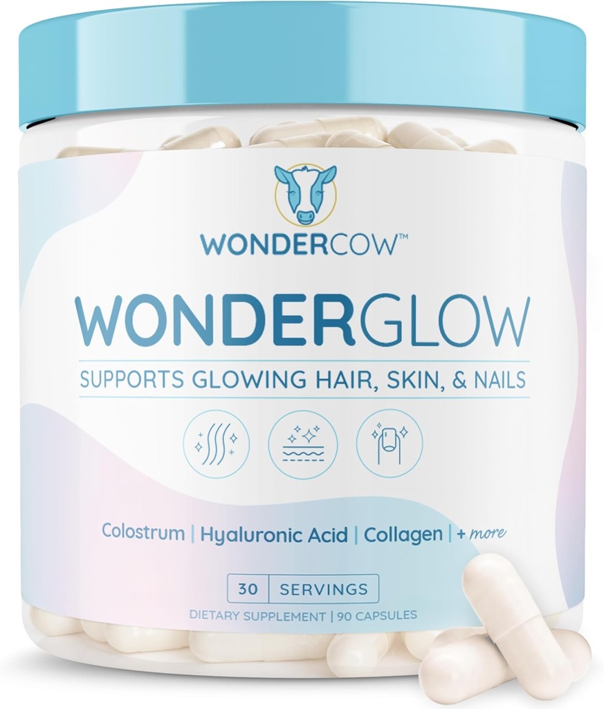 WONDERCOW Hair Skin and Nails Vitamins w/Bovine Colostrum, Collagen, Hyaluronic Acid, Biotin, Zinc, & Lactoferrin┃Supports Faster Hair Growth, Stronger Nails and Glowing Skin (30 Servings, Capsule)