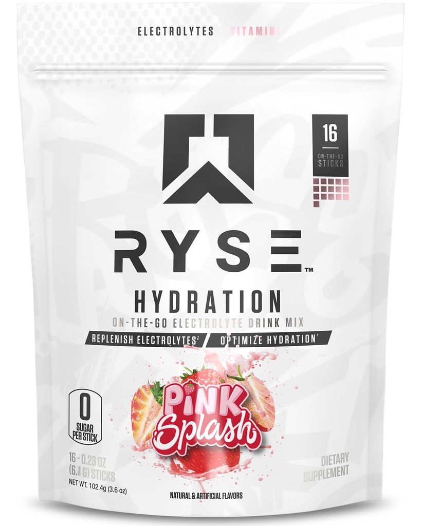 RYSE Hydration Electrolyte Powder Mix Packets - Pink Splash - Sugar-Free Full Spectrum Electrolytes με Ουσιώδεις Βιταμίνες, Ταυρίνη και Χολίνη για Επανυδάτωση - 16 Sticks