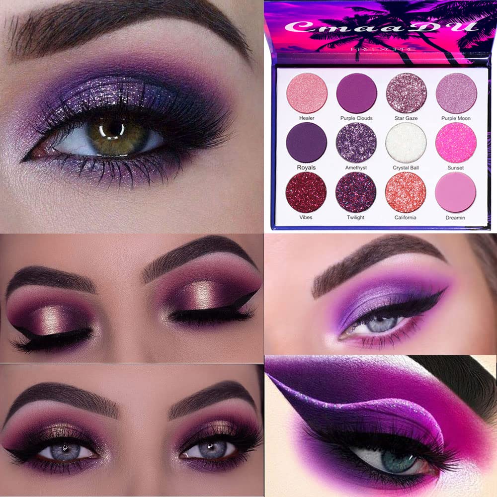 BINGBRUSH 12 χρώματα Glitter Purple Pink Φτηνές Makeup σκιά ματιών παλέτα,Φωτεινό υψηλής χρωστικής μεταλλική Shimmer ουράνιο τόξο πολύχρωμο Πατημένο μάτι σκιά ματιών που για τα κορίτσια