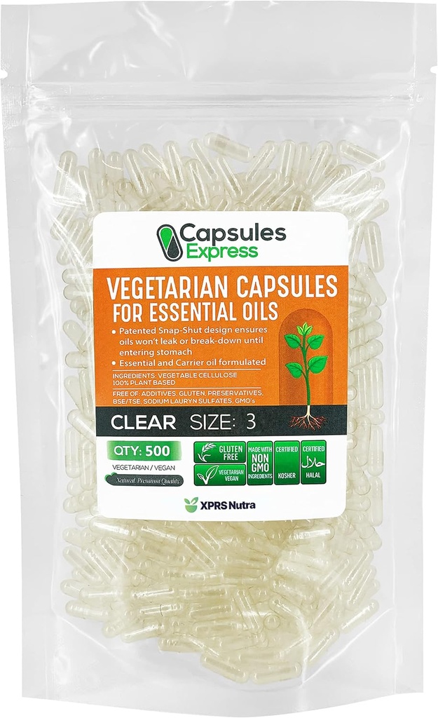 XPRS Nutra Μέγεθος 3 Κενές κάψουλες Vegan - 500 Clear Veggie Κάψουλες για τα περισσότερα αιθέρια έλαια - άδεια χάπια λαχανικών - DIY πλήρωσης λαδιού
