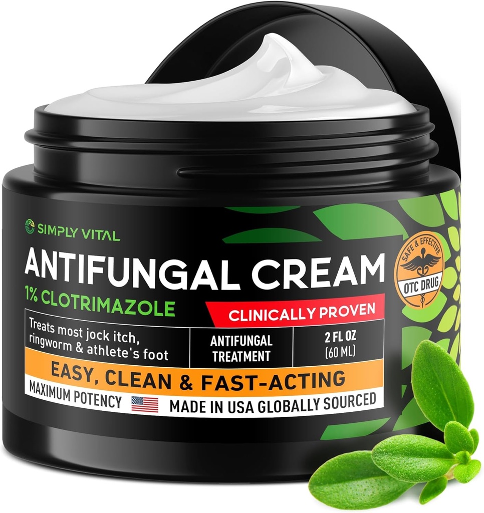 Antifungal Cream for Athlete's Foot, Ringworm & Jock Itch - Clotrimazole 1% Made in USA - Extra Strength Ring Worm, Jock Itch Cream, Anti Fungal Athletes Foot Treatment for Humans Skin Fungus - 2 oz