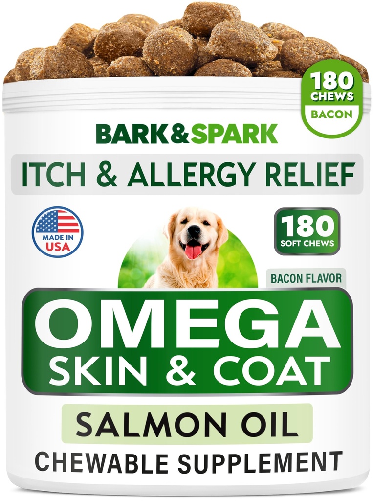 Ωμέγα 3 για σκύλους και γάτες - 180 Fish Oil Treats for Dog Shedding, Skin Allergy, Itch Relief, Hot Spots Θεραπεία - Κοινή Υγεία - Skin and Coat Συμπλήρωμα - EPA & DHA Λιπαρά Οξέα - Λάδι σολομού - Μπέικον