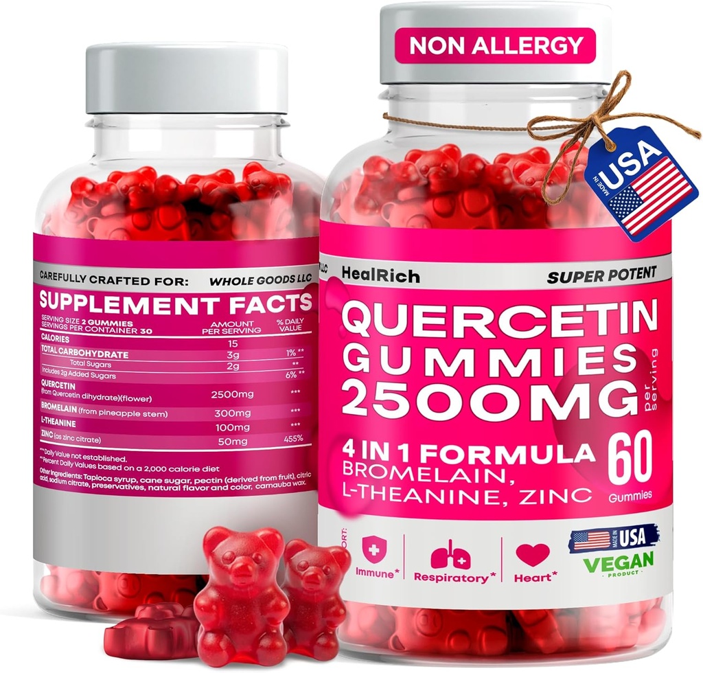Quercetin Gummies - 2500MG Quercetin με Bromelain L-theanine & Zinc - Καθαρό συμπλήρωμα για την υποστήριξη του ανοσοποιητικού συστήματος Πνεύμονα και Αλλεργία - Ανοσία Booster Vegan συμπληρώματα για παιδιά και ενήλικες - Made in US