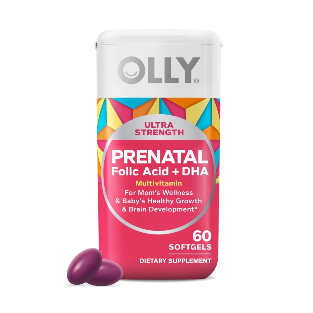 OLLY Ultra Strength Προγεννητική Multivitamin Softgels, Υποστηρίζει υγιή ανάπτυξη, ανάπτυξη του εγκεφάλου, σίδηρος, φολικό οξύ, DHA, Βιταμίνες C, E, 30 ημέρες προσφοράς-60 Count