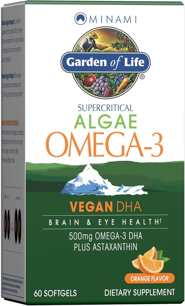 Κήπος της ζωής Minami Algae Omega 3 Vegan DHA για τον εγκέφαλο και την υγεία των ματιών - Πορτοκαλί Γεύση, 500mg φυτό με βάση DHA Omega-3 Vegan Algae Oil Plus Ασταξανθίνη, καμία επίγευση, 60 Easy-to-Swallow Mini Softgels