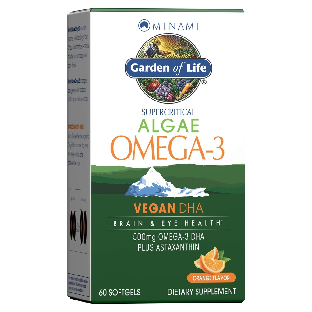 Κήπος της ζωής Minami Algae Omega 3 Vegan DHA για τον εγκέφαλο και την υγεία των ματιών - Πορτοκαλί Γεύση, 500mg φυτό με βάση DHA Omega-3 Vegan Algae Oil Plus Ασταξανθίνη, καμία επίγευση, 60 Easy-to-Swallow Mini Softgels