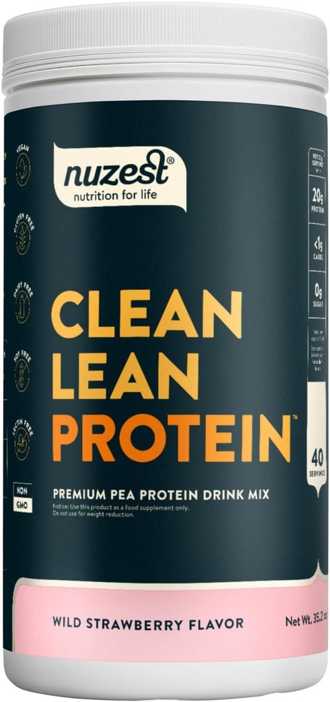 Nuzest - Pea Protein Powder - Καθαρή πρωτεΐνη Lean, Premium Vegan Plant Based Protein Powder, Γαλακτοκομικά, Χωρίς Γλουτένη, Χωρίς ΓΤΟ, Φυσικά Γλυκασμένη, Άγρια Φράουλα, 40 Μερίδες, 2,2 lb
