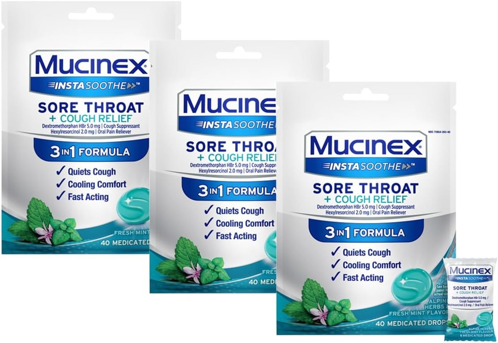 Mucinex InstaSoothe Sore Lroat + Cough Relief Alpine Herbs & Mint Flavor, Fast Active, Cooling Comfort, Ισχυρό Sore Lroat Pain Reliever, 40 Medicated Drops (40 Count (Pack of 3))
