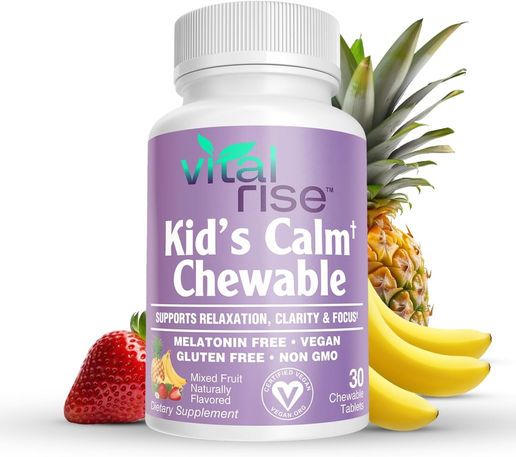 Kids Magnesium Chewables - Daily Supplement, Sugar-Free & Melatonin-Free, Supports a Healthy Stress Response & Focus, Fast-Absorbing Magnesium with L-Theanine, Mixed Fruit Flavor,