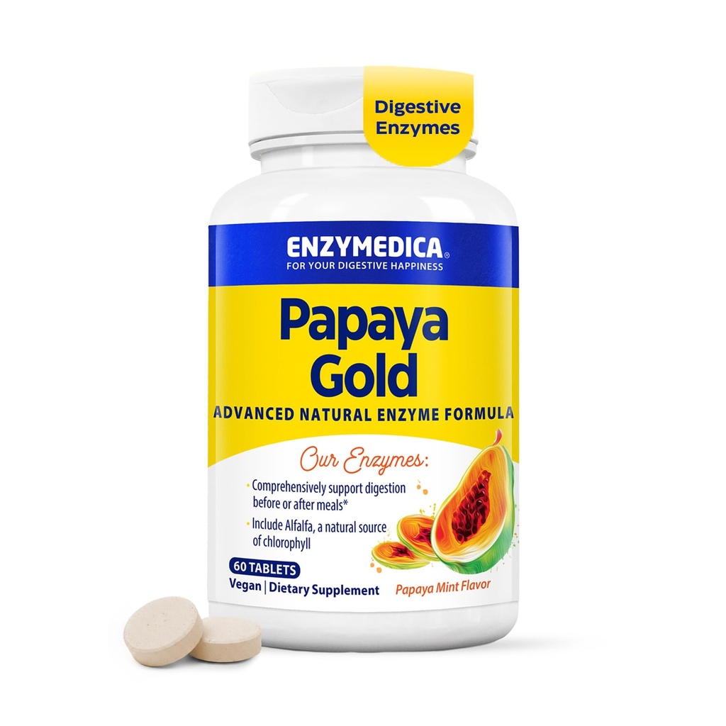 Enzymedica Papaya Gold - Papaya Enzymes Chewable, Digestive Enzyme Supplement for Women and Men, Digestion & Gut Health Support, High Potency Bromelain & Papain, Vegan, Gluten Free - 60 Tablets