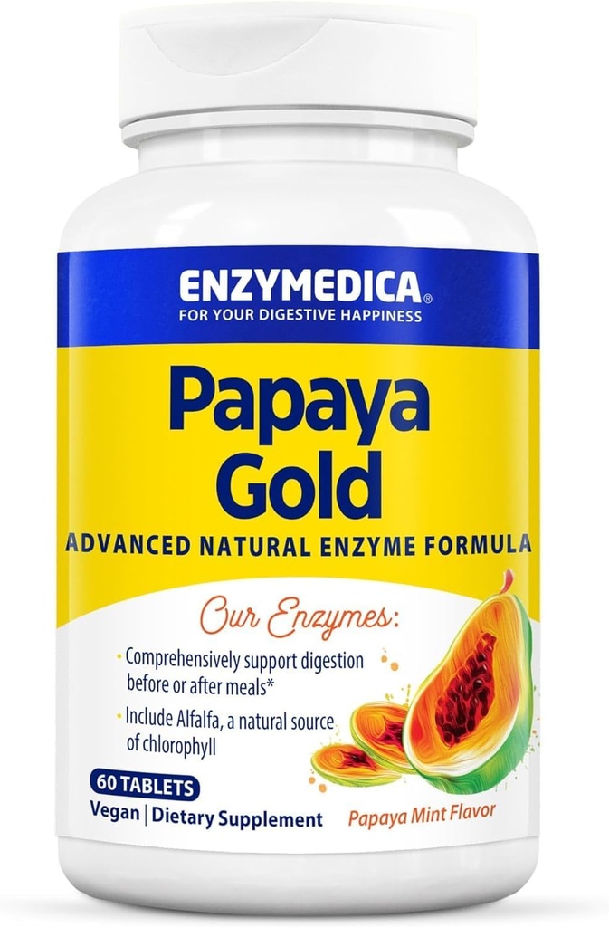 Enzymedica Papaya Gold, Advanced Digestive Enzymes with Natural Organic Papaya & Chlorophyl for Complete Digestion Support, High Potency Bromelain & Papein, Vegan, Mint, 60 Chewable Tablets