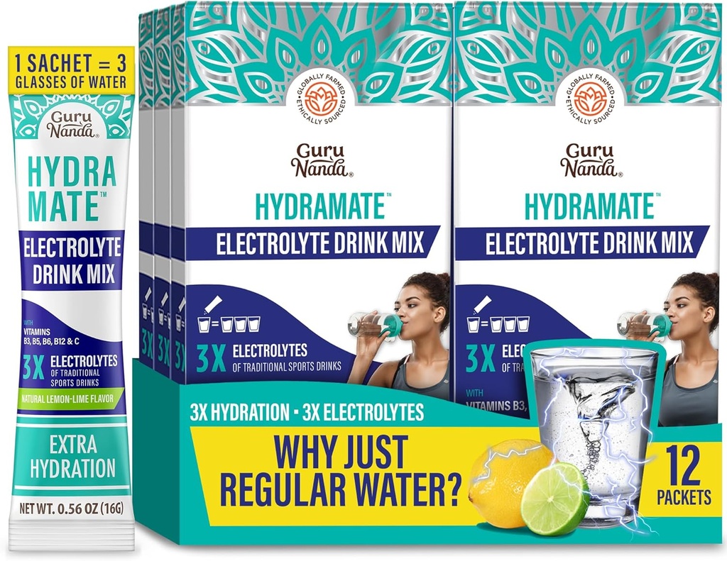GuruNanda Hydramate Hydration Support Drink Mix - Ηλεκτρολυτές Powder Packets για Αφυδάτωση, Άσκηση & Ενέργεια - Όχι Προστιθέμενα γλυκαντικά, Μη ΓΤΟ, Φυσικό άρωμα λεμόνι Lime - 12 Count (0.56 oz Κάθε)