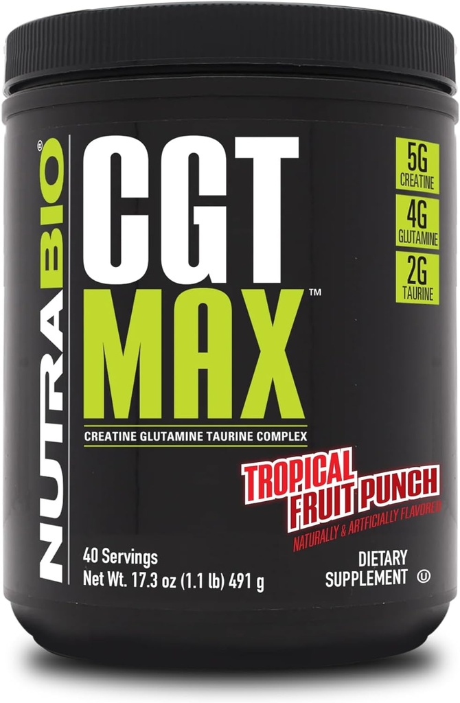 NutraBio CGT-MAX Σκόνη- Creatine, Γλουταμίνη και Ταυρίνη για να υποστηρίξει την αποκατάσταση των μυών και τη δύναμη - 40 εξυπηρετούν - τροπική...