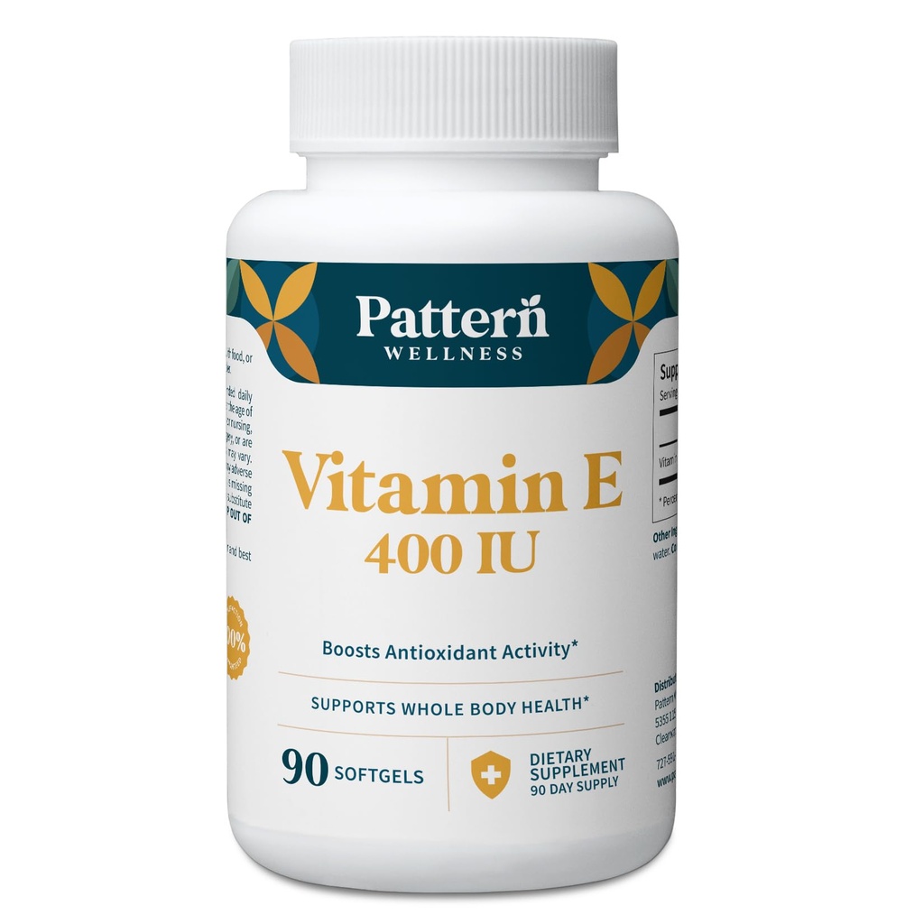 Pattern Wellness Vitamin E 400 IU Supplement - Ενισχύει την Αντιοξειδωτική Δραστηριότητα - Υποστηρίζει την Υγεία ολόκληρου του σώματος - Καταπολέμηση της Κυτταρικής Ζημιάς - 3ο Εργαστήριο Κόμμα Δοκιμασμένο - 90 Μαλακά Γέλη