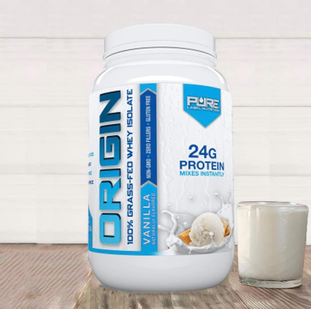Pure Label Nutrition 100% Grass-Fed, Vanilla Whey Isolate Protein Powder (24g) with Essential Amino Acids, for Pre and Post Workout Recovery & Muscle Building, Low Fat & Low Carbs - 2lbs