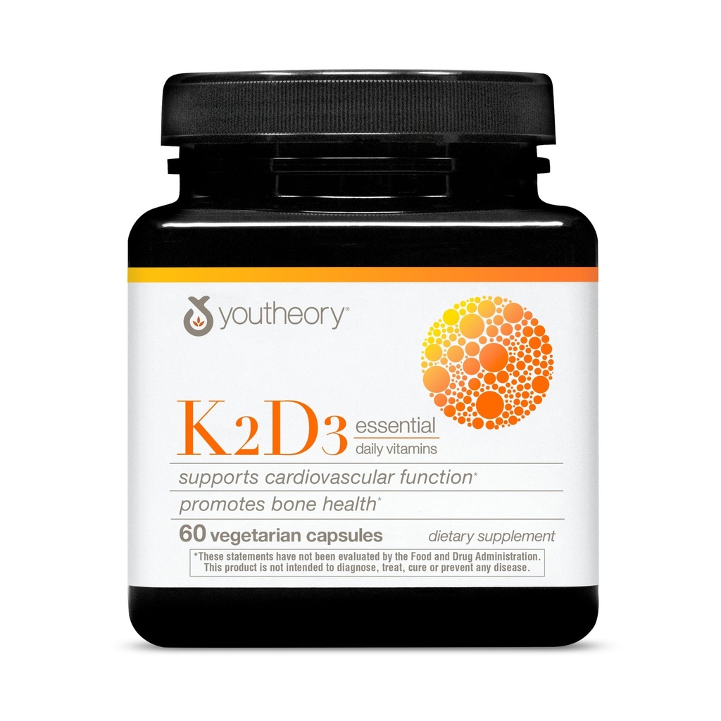 Youtheory K2D3 - Υποστήριξη για την υγεία των οστών και της καρδιάς - Συνδυάζει βιταμίνη D3 & βιταμίνη K2 - Γαλακτοκομικά, χωρίς σόγια και γλουτένη - 60 κάψουλες χορτοφάγων